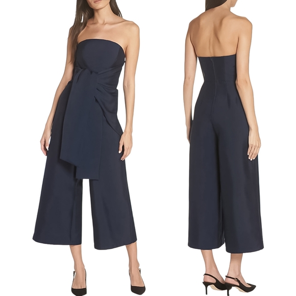 Keepsake the label jumpsuit Navy Blue Strapless Asymmetrical Knot Wide leg (S) - Picture 8 of 14